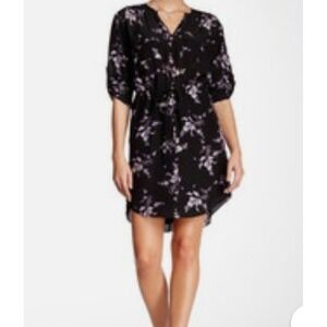 Rebecca Taylor Black Purple Floral 100% Silk Tab Sleeve Shirt Dress 8 M
